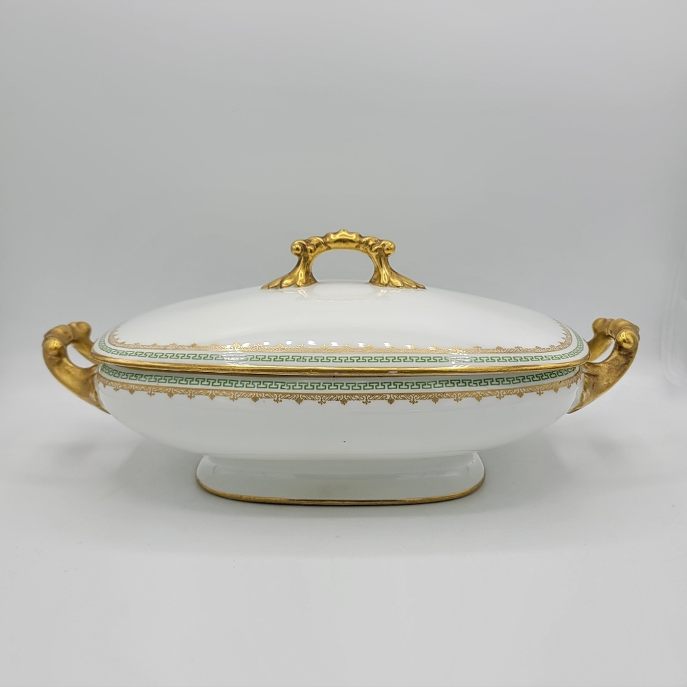 Edwardian Limoges Pouyat France Tureen Greek Key Neoclassical Gilt Covered Dish